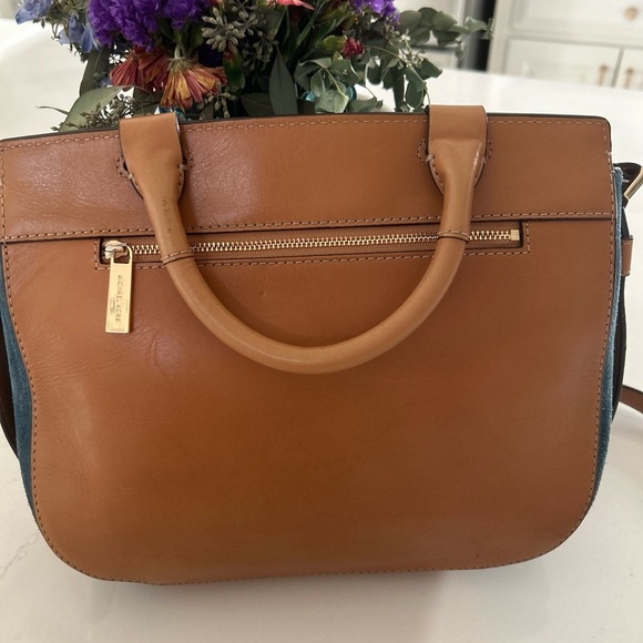 MICHAEL KORS ROMY DENIM BLUE SUEDE BROWN CROSSBODY MESSENGER BAG SATCHEL - Picture 7 of 16